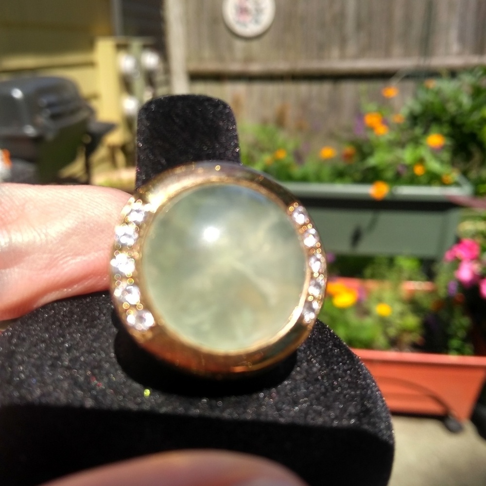 Genuine Prehnite in gold ring, sz 7.
